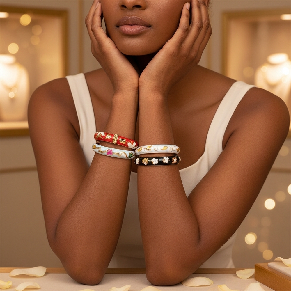 Floral Bangle Set in Red, White, and Black